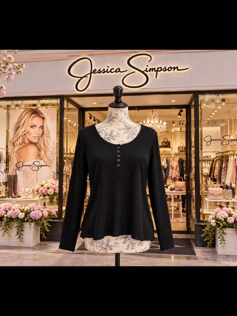 Jessica Simpson Black Long Sleeve Henley Top